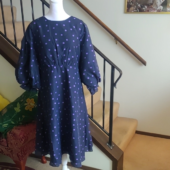 Navy Blue Dress with Purple Polka Dots - Picture 1 of 8